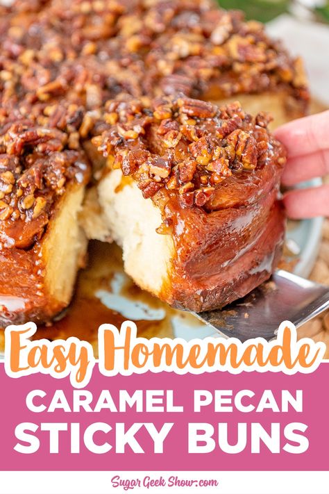 The best homemade sticky buns with caramel glaze and toasted pecans made from scratch. Soft, sticky and oh-so-addictive! These buns are easy to make overnight and bake fresh the next day. If you want sticky buns with no nuts, just leave off the pecans and they are still amazing! These sticky buns are so addictive, you might need to make a double batch just in case. #brunch #desserts #stickybuns # Maple Sticky Buns, Homemade Sticky Buns, Pecan Glaze, Caramel Pecan Sticky Buns, Sticky Buns Recipe, Easy Sticky Buns, Caramel Sticky Buns, Sticky Rolls, Sticky Buns Recipes