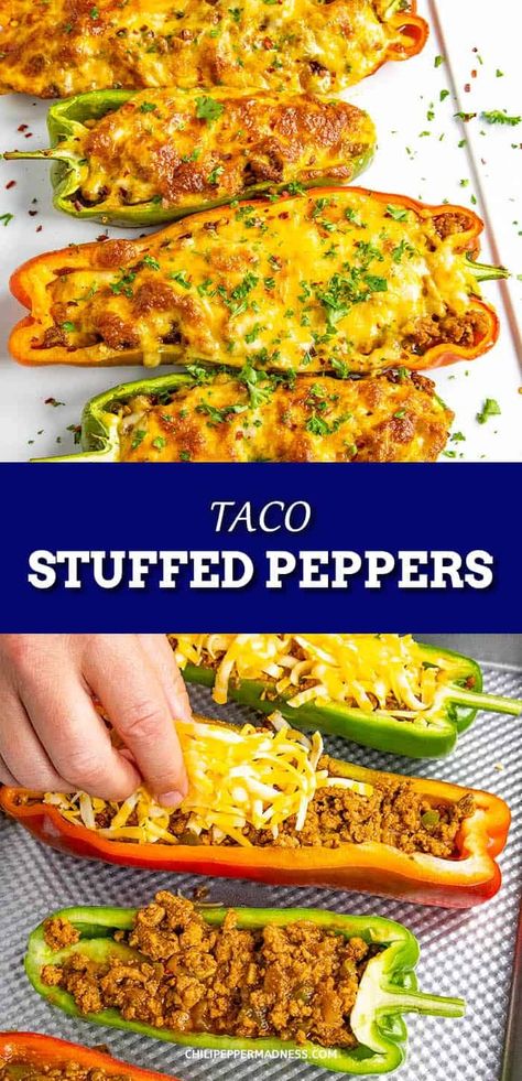 Taco Stuffed Peppers - This taco stuffed peppers recipe is loaded with flavor – large sweet bell peppers stuffed with taco seasoned ground meat then topped with melty cheese. Don't forget the hot sauce! #StuffedPeppers #EasyDinner via @chilipeppermadness Hot Burrito Peppers Recipes, Relleno Recipes, Taco Stuffed Bell Peppers, Pepper Tacos, Stuffed Veggies, Bell Peppers Stuffed, Mexican Dinners, Baked Onion, Taco Stuffed Peppers