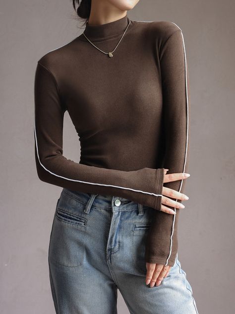 Details Composition: 95% Polyester, 5% Elastane Design: Contrast Binding Style: Casual, Basic Thickness: Regular Material: Jersey Occasion: Leisure Size & Fit Stretch: Medium Stretch Fit Type: Slim Fit Cm Inch Size Length Shoulder Bust Sleeve S 54 31 74 54 M 55.5 32 78 55 L 57 33 82 56 XL 58.5 34 86 57 S 21.3 12.2 Streetwear Spring, Ideas For Outfits, Fit Clothes, Fits Clothes, Silver Lining, Long Sleeve Knit Tops, 5 S, Belleza Natural, Work Clothes