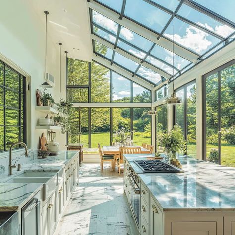 Kitchen With Greenhouse Windows, Homes With Solariums, Greenhouse Inspired Kitchens, Kitchen Sunroom Ideas, Full Window Kitchen, Sunroom Kitchen Addition, Large Windows Kitchen, Kitchen With Glass Ceiling, Greenhouse Kitchen Extension