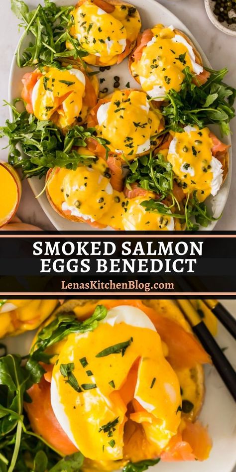 Rich bites of salmon, homemade hollandaise, and perfectly poached eggs make up this luscious Smoked Salmon Eggs Benedict recipe. It’s the best brunch recipe you can easily prepare ahead of time! Eggs Benedict Salmon, Poached Eggs Breakfast, Salmon Eggs Benedict, Smoked Salmon Eggs, Hollandaise Recipe, Egg Brunch Recipes, Benedict Recipe, Smoked Salmon And Eggs, Salmon Breakfast