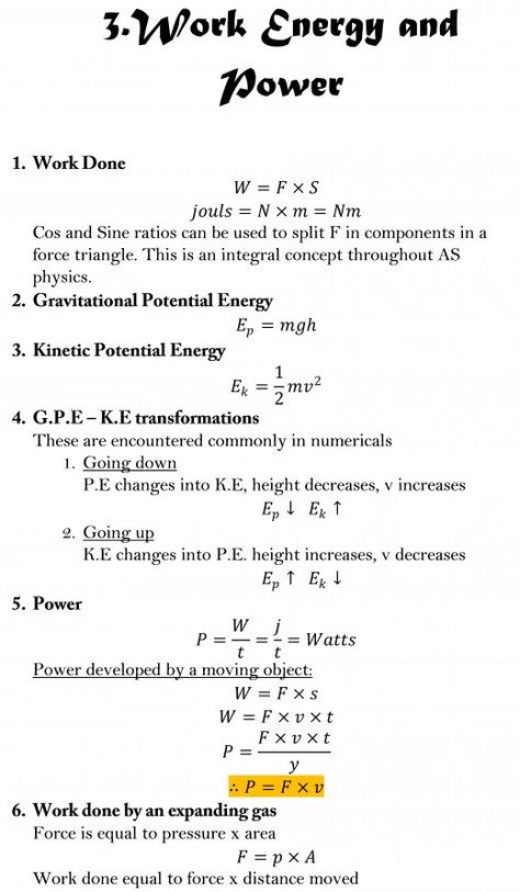 AS Level Physics Formula Sheet - Work, Energy, and power Physics Lessons, Physics Formula Sheet, Basic Physics Formulas, Momentum Physics, Work Energy And Power, Formula Sheet, Science Formulas, As Level, Chemistry Basics