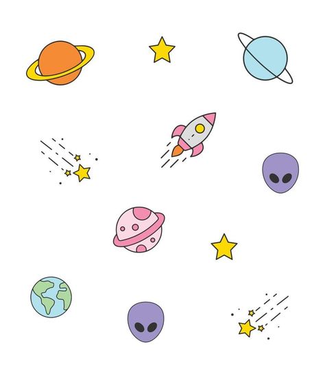 Cute Solar System Drawing, Cute Planets, Stars Vector, Planet Drawing, Planets And Stars, Art Painting Gallery, Hand Drawn Vector, Pink Clouds, Painting Gallery