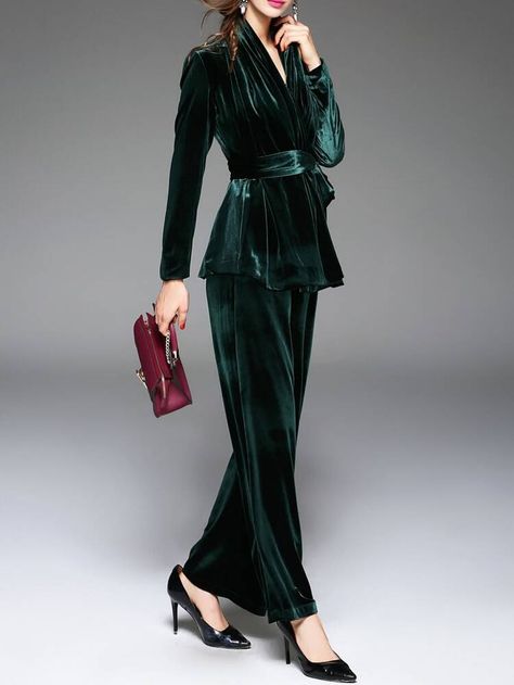 Dark Green Tie-Waist Velvet Top With Pants | SHEIN USA Belted Wrap Coat, Party Jackets, Velvet Jumpsuit, Chique Outfits, Velvet Coat, Velvet Fashion, Velvet Pants, Long Sleeve Jumpsuit, Velvet Tops