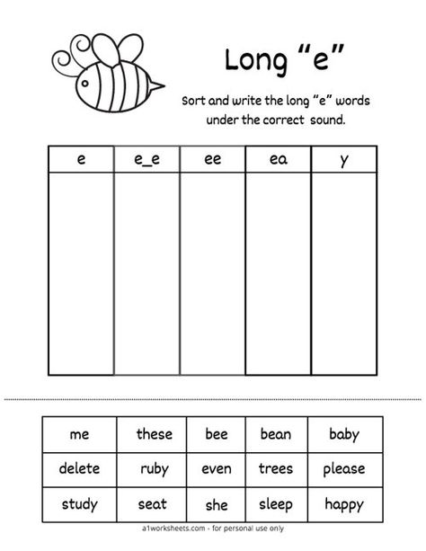 Long "E" Vowel Word Sort Worksheets Long E Phonics Worksheets, Long E Worksheets First Grade, Long E Sound Worksheets, Long E Activities First Grade, A_e Worksheets Long Vowels, Long Vowel Worksheets Kindergarten, Long E Activities, Blending Words Worksheets, Long Vowel E Worksheets