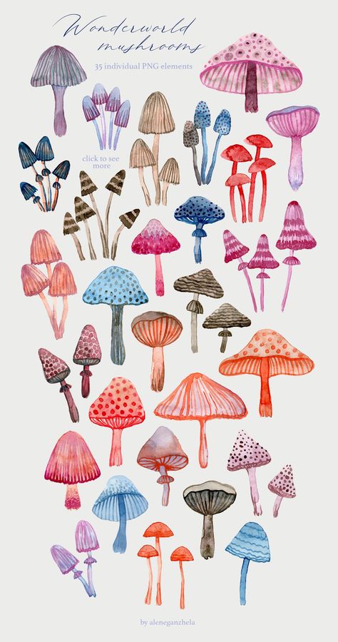 Alice And Wonderland Mushrooms, Mushroom Watercolor Art, Ceramic Mushroom Painting Ideas, Alice In Wonderland Watercolor, Funky Mushrooms, Mushrooms Diy, Mushroom Artwork, Mushroom Patterns, Mushroom Watercolor