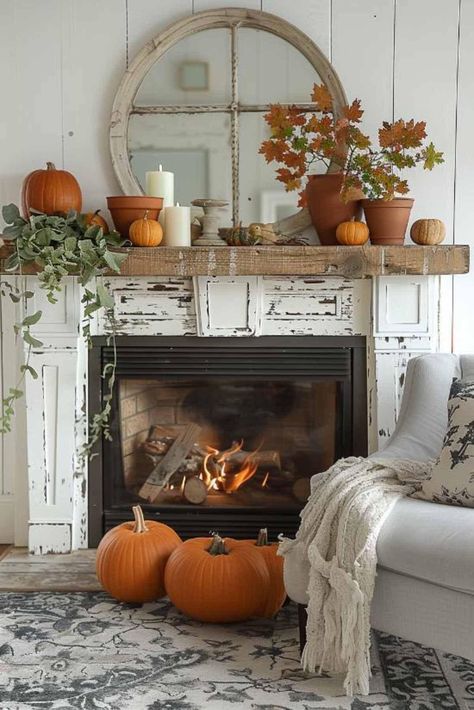 Fireplace Ideas For Fall, Cottage Fall Decor, Fireplace Fall Decor, Fall Mantels, Fall Mantel Decor, Mantle Decorating, Fall Fireplace Decor, Mantel Decor Ideas, Fall House