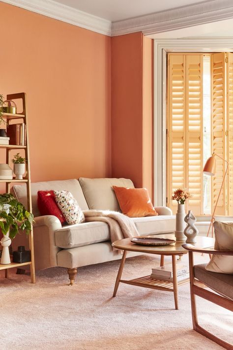 Living room paint ideas: 18 colour schemes to switch up your space | Real Homes Living Room Designs Wall Color, Bright Cosy Living Room, Colourful Lounge Room Ideas, Bright Colors For Living Room, Orange Wall Paint Ideas Bedroom, Pale Orange Living Room, Light Peach Living Room, Orange Lounge Ideas, Bright Colours For Living Room Wall