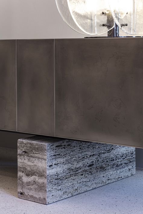 Metallic Interior, Brass Metal Texture, Grey Metal Texture, Brutalist Cabinet, Brutalist Sideboard, Joinery Details, Oxidized Brass, Interior Concept, Reception Desk