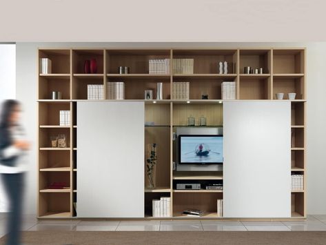 Day Library 01, Modular structure with bookshelf and TV stand, 2 sliding doors 60s Home, Sliding Cabinet Doors, Hidden Tv, Modular Structure, Tv Wall Unit, Modular Design, Outdoor Rooms, Wall Unit, Tv Wall