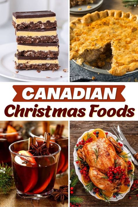 These traditional Canadian Christmas foods make for an authentic feast! From Nanaimo bars to roast turkey to Buche de Noel, have your next holiday in true Canadian fashion. Canadian Food Recipes Traditional, Canadian Christmas Food, Christmas Dinner Traditional, Traditional Christmas Dinner Ideas, Canadian Thanksgiving Recipes, Canadian Desserts, Canadian Dessert Recipes, Christmas Food List, Usa Recipes