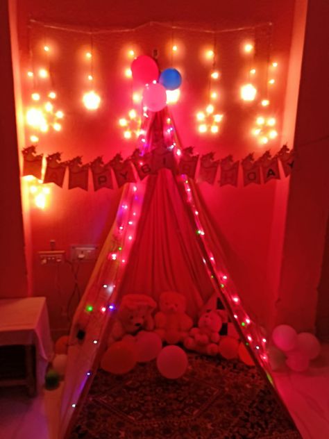 Tent house birthday decoration Tent House Decoration For Birthday, Tent House, Small Tent, Birthday Room Decorations, Colorful Rangoli, Easy Birthday, Colorful Rangoli Designs, Birthday Decoration, Rangoli Designs