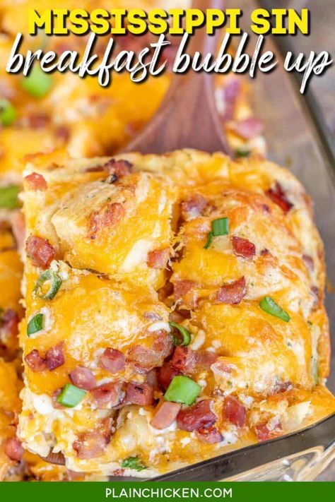 Mississippi Sin Breakfast Bubble Up recipe – quick and easy ham and cheese biscuit breakfast casserole! Great for baby showers, overnight guests, and holiday mornings. Only takes a few minutes to make and is ready to eat in about 35 minutes. Ham, cheddar cheese, green onions, biscuits, cream cheese, sour cream, Worcestershire sauce, hot sauce, and garlic powder. We LOVE this quick and easy casserole for breakfast, lunch, and dinner! Quiche, Breakfast Bubble Up Bake, Breakfast Bubble Bake, Breakfast Bubble Up, Bubble Up Breakfast Casserole, Chicken Bubble Up Bake, Fruit Salad With Pudding, Canned Biscuit, Breakfast Casserole With Biscuits