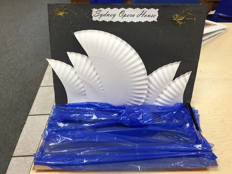 Sydney Opera House I made for my kids at work! Super fun and EASY! Sydney Opera House Craft, Australia Landmarks, Oshc Activities, Australia For Kids, Australia School, Kids At Work, Australia Crafts, Stem School, Around The World Theme