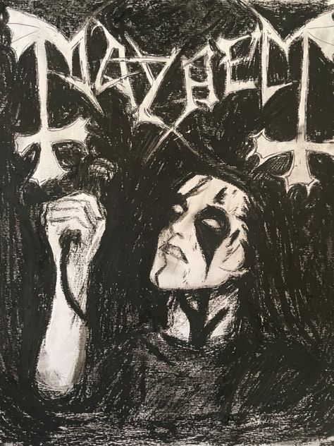 I tried to do a poster of mayhem {oil pastel and dry pastel } ( I know you don’t care about that 😂) Electric Mayhem Art, Metal Drawing Music, Black Metal Artwork, Metal Head Drawing, Pelle Ohlin Drawing, Black Metal Drawing, Metalhead Drawing, Metal Band Art, Mayhem Fanart