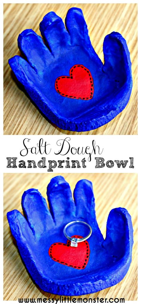 Salt dough handprint bowl keepsake. Follow our simple instructions to make a hand shaped dish from salt dough for rings, cufflinks, coins or keys. A great kid made gift idea for mothers day, fathers day, valentines day or christmas. Salt Dough Handprint, Salt Dough Crafts, Cadeau Parents, Mothers Day Crafts For Kids, Salt Dough, Fathers Day Crafts, Mothers Day Crafts, Valentine Day Crafts, Mother And Father