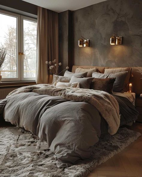 How Grey Wall Paint Design Can Enhance Your Home's Style • 333+ Art Images Textured Room Design, Grey Luxury Bedroom Ideas, Grey Beige Bedding, Grey Bedroom Wall Colors, Masculine Dark Bedroom, Brown Grey Walls, Dark Painted Rooms Bedrooms, Rust Grey Bedroom, Gray Bedding Bedroom