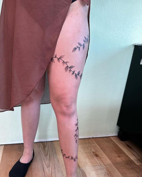 Allay Anderson | Nezuko inspired leg wrap! Freehand design and lotssss of shading Thank you so much! #demonslayer #anime #tattoo | Instagram Nezuko Leg Tattoo, Nezuko Vines Tattoo, Nezuko Tattoo Leaves, Demon Slayer Inspired Tattoos, Leaves Leg Tattoo, Anime Thigh Tattoo, Demon Slayer Nezuko Tattoo, Nezuko Vine Tattoo, Nezuko Tattoo Ideas