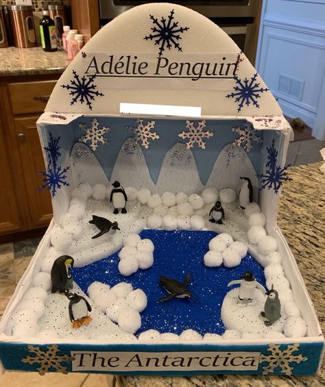 Adelie penguins diorama for my first grader Penguin Diarama For Kids, Penguin Projects For Kids, Penguin Habitat Shoebox Project, Artic Diorama For Kids, Christmas Diorama Ideas For Kids, Arctic Diorama For Kids, Artic Habitat Project For Kids, Penguin Diorama, Diy Penguin Crafts