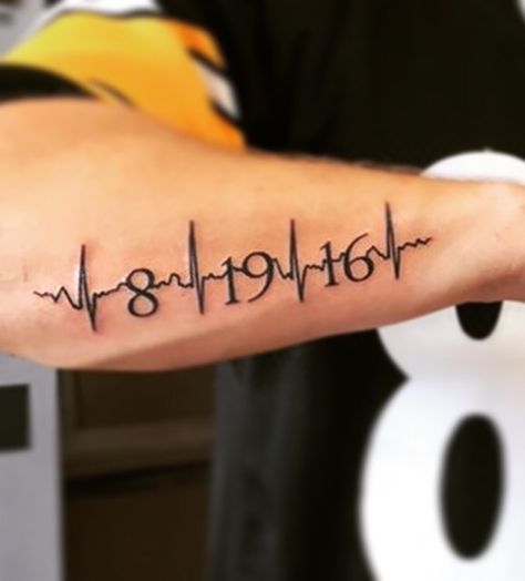 My baby's actual heartbeat when she was discharged from the hospital with her birthday embedded in the rhythm.  EMS EKG Heartbeat Tattoo #Paramedic #ParamedicDad Recovery Tattoos, Ekg Tattoo, Birthdate Tattoo, Father Tattoos, Heartbeat Tattoo, Birthday Tattoo, Date Tattoos, Inspiration Tattoos, Tattoo For Son