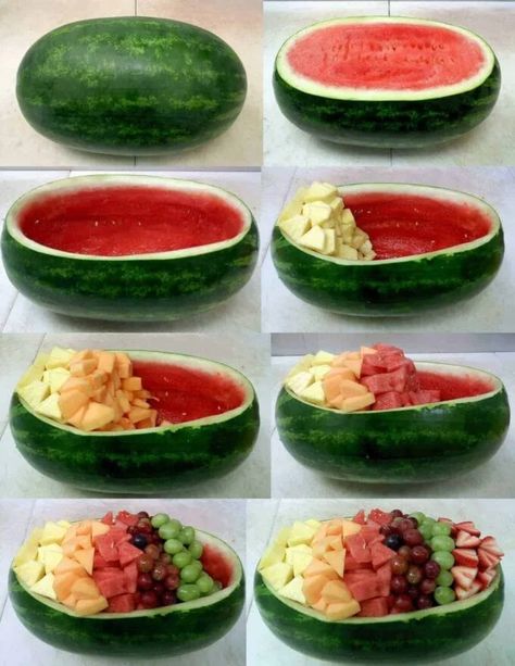 Watermelon Fruit Bowls, Watermelon Hacks, Tropisk Fest, Fruit Bowl Display, Watermelon Bowl, Fruit Appetizers, Fruits Decoration, Fruit Platter Designs, Decorações Com Comidas