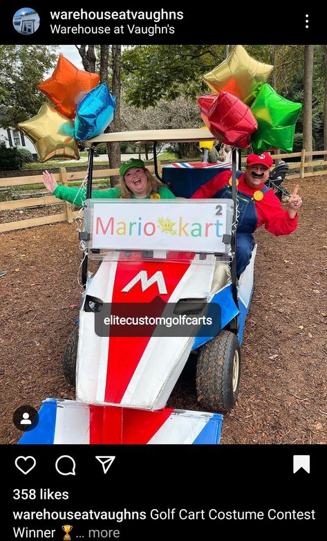 Funny Golf Cart Decorating Ideas, Mario Kart Golf Cart, Golf Cart Costume Ideas, Mario Kart Golf Cart Decor, Halloween Golfcart Ideas, Mardi Gras Golf Cart Ideas, Halloween Golf Cart Parade Ideas, Trunk Or Treat Golf Cart, Golfcart Decoration Ideas