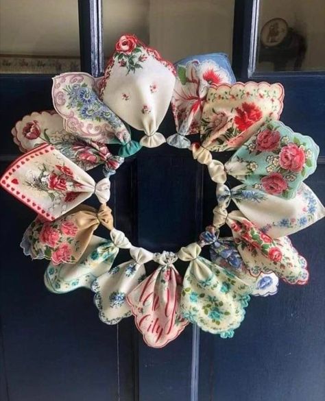 Handkerchief Wreath, Vintage Handkerchiefs Crafts, Handkerchief Crafts, Vintage Handkerchiefs, Vintage Crafts, Wreath Crafts, Wreath Decor, Diy Wreath, How To Make Wreaths