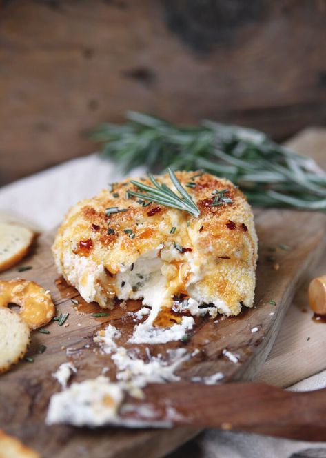 Warm baked boursin cheese with a crispy crumb exterior and drizzled with hot honey is the most delicious appetizer. #appetizer #cheese Rosemary Appetizer, Cheese With Hot Honey, Baked Boursin Cheese, Boursin Cheese Appetizers, Boursin Appetizers, Baked Boursin, Bachelorette Food, Cheese Chip Dip, Boursin Cheese Recipes