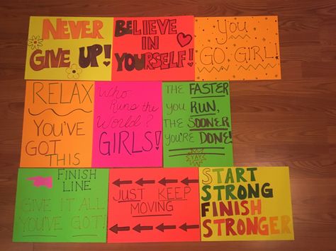 Posters I made for our Practice 5K!!! 5k Poster Ideas, School Fun Run Poster Ideas, Xc Poster Ideas, Track Poster Ideas, Marathon Encouragement Signs, Xc State Posters, Walkathon Ideas, Funny Cross Country Posters, Xc Posters