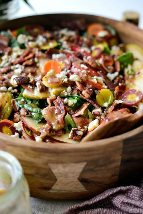 Fall Harvest Salad with Warm Maple Bacon Vinaigrette - Simply Scratch Thermomix, Maple Chicken Salad, Winter Salads For Parties Entertaining, Fall Wedge Salad, Antipasto Wreath, Coney Dogs, Fajita Rice, Fall Harvest Salad, Bacon Vinaigrette