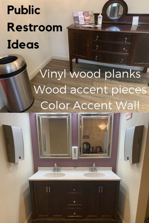 From vinyl wood planks to wood accent pieces, we look at public restrooms to give you design ideas Church Bathroom Ideas, Workplace Bathroom, Ladies Bathroom, Vinyl Wood Planks, Office Images, Office Bathroom, Public Bathrooms, Office Pictures, Restroom Decor