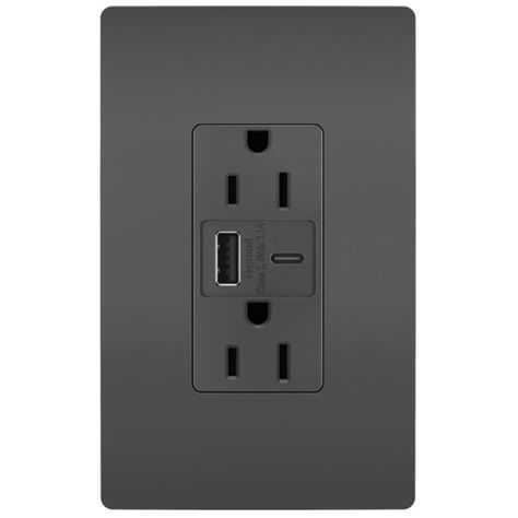 The USB Port (Type A/C) and 15 Amp Tamper Resistant Outlet accommodates mobile devices with two Type A/C built-in USB connections and a tamper-resistant outlet with shutter system that prevents improper insertion of foreign objects. Available in White, Black, Ivory, Light Almond, Nickel, Dark Bronze and Graphite. UL listed. <b><b>NOTE: RADIANT SCREWLESS WALL PLATE SOLD SEPARATELY. Updated Electrical Outlets, Modern Outlets, Electric Plugs Ideas, Screwless Wall Plate, Screwless Outlet Covers, Usb Wall Outlet, Black Outlets, Black Electrical Outlets, Modern Light Switches