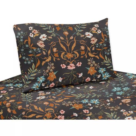 Sweet Jojo Designs Girl Queen Sheet Set Boho Floral Wildflower Orange Black And Blue 4pc : Target Black Rust And Green Bedroom, Floral Sheets Bedding, Boho Gothic Bedroom, Black And Orange Bedroom, Moody Master Bedrooms Decor, Black And Rust Bedroom, Boho Teen Room, Lakeview House, Daisy Leaves