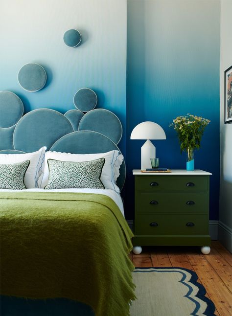 Appach House, South London | Pandora Taylor Blue And Green Bedroom, Ombre Wallpaper, Simple Headboard, Oval Room Blue, Green Bedroom, Headboard Designs, Headboard Storage, Blue Bedroom, Spare Room