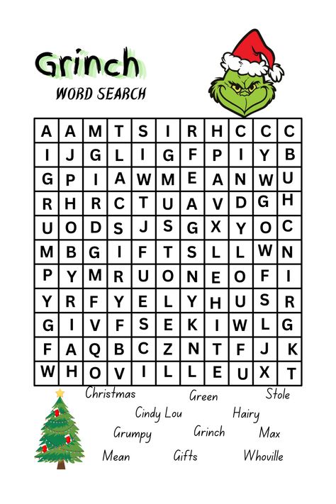 Bring the magic of Dr. Seuss to life with our Grinch Word Search – a delightful Christmas activity for kids! Ideal for parents and teachers, this festive word search adds a touch of Grinchy charm to holiday learning. Download now and let the word hunt begin with a grin! Christmas Diy Activities For Kids, Grinch Ideas For Kids, Grinch Christmas Activities For Kids, Grinch Class Party Ideas, Grinch Activity, Grinch Kids Party, The Grinch Activities, Grinch Name, Grinch Christmas Countdown