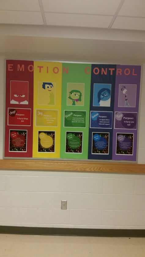 Inside Out Bulletin Board on Emotion Control and Mental Health Inside Out Bulletin Board, Fall Playdough, Emotion Control, Playdough Numbers, Counseling Bulletin Boards, Health Bulletin Boards, November Bulletin Boards, College Bulletin Boards, School Hallway