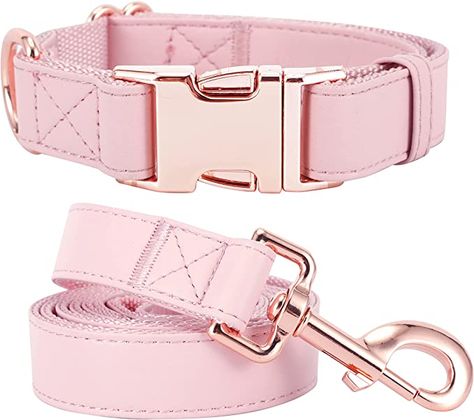 Amazon.com : Dog Collar and Leash Set.Soft and Easy to Clean Vegan Leather with Rose Gold Metal Buckle for Small Medium Large Dogs(Pink, S(12.2"-16.9")) : Pet Supplies Dog Collar And Leash, Waterproof Dog Collar, Leather Dog Leash, Clean Vegan, Puppy Collars, Dog Items, Dog Collars & Leashes, Pink Dog, Rose Gold Metal