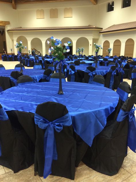 Jasmine Quinceanera hall décor royal blue black star theme Royal Blue Theme, Royal Blue Wedding Decorations, Cobalt Blue Weddings, Royal Blue Wedding Theme, Blue Wedding Receptions, Dark Blue Wedding, Blue Wedding Decorations, Centerpieces Party, Charity Ball