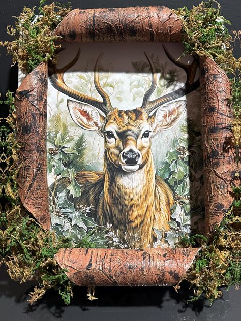 This beautiful "Busted Canvas" is 8x10 w/lights. I  features a Buck (Deer) in the woods with holly bushes. The canvas has been painted to resemble the bark from a tree with 100% natural green & brown moss. It aslo includes a back hook to hang or can stand alone. This is a perfect gift for any outdoor enthusiast, a sportsman, nature lover. This would be a perfect Christmas gift (it is right around the corner). Buck Pictures Deer, How To Make Busted Canvas Art, Christmas Busted Canvas, Christmas Busted Canvas Ideas, Broken Canvas Ideas, Ripped Canvas Art, Busted Canvas Diy, Busted Canvas Ideas, Busted Canvas Crafts Diy