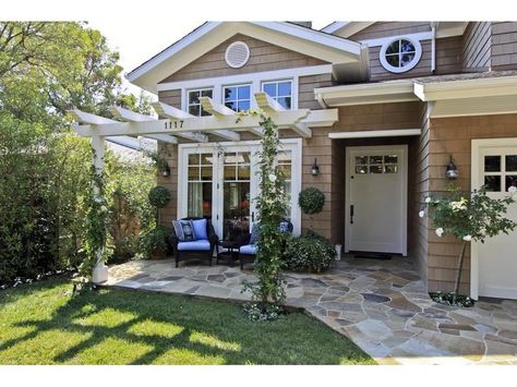 When you don't have a front porch an outdoor room can be made with a pergola extension and some pretty hardscape. Front Porch Pergola, Pergola Modern, Front Yard Patio, Pergola Diy, Creek House, Backyard Walkway, Porch Styles, Front Courtyard, Pergola Design