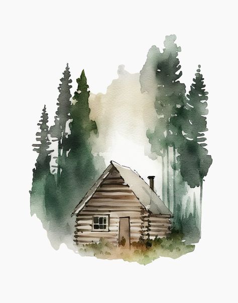 Log Cabin Forest Watercolor Print Digital Download, Rustic Mountain Scene, Pine Trees, Outdoors, Printable Wall Art - Etsy.de Cabin Forest, Forest Watercolor, Cabin In The Mountains, Pine Trees Forest, Watercolor Mountains, Watercolor Art Lessons, Mountain Scene, Mountain Cabin, Pine Forest