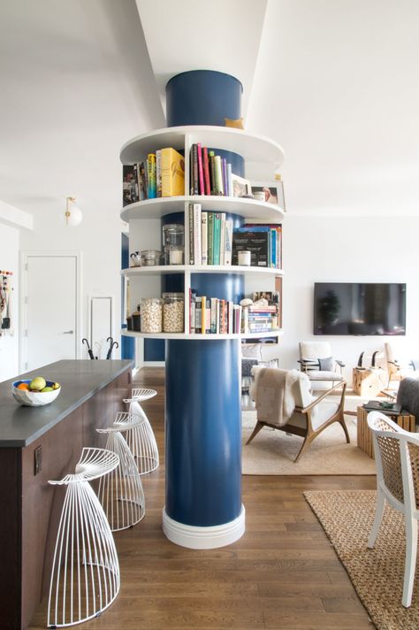 A custom bookshelf built around a structural column makes a unique design  statement. Louisa had Column Decor, Unique Bookshelf, Column Ideas, Columns Decor, Column Decoration, Unique Bookshelves, Custom Bookshelves, Bookshelf Ideas, Reading Corners