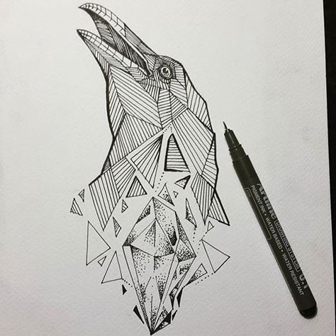 Crow Geometric, Drawing With Geometric Shapes, Drawing Geometric Shapes, Origami Drawing, Stippling Drawing, Symbols Of Strength Tattoos, Geometric Art Animal, Geometric Shapes Design, Crow Tattoo