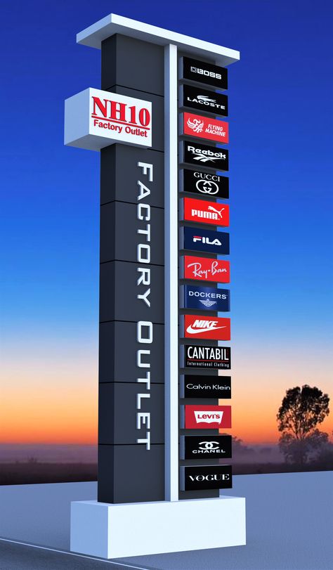 #Modern_Elevation #Front_Elevation #Factory_Outlet Tower Signage Design, Pylon Design Ideas, Exterior Signage Entrance, Signboard Design, Monument Signage, Pylon Signage, Building Signage, Modern Elevation, Garage Design Interior