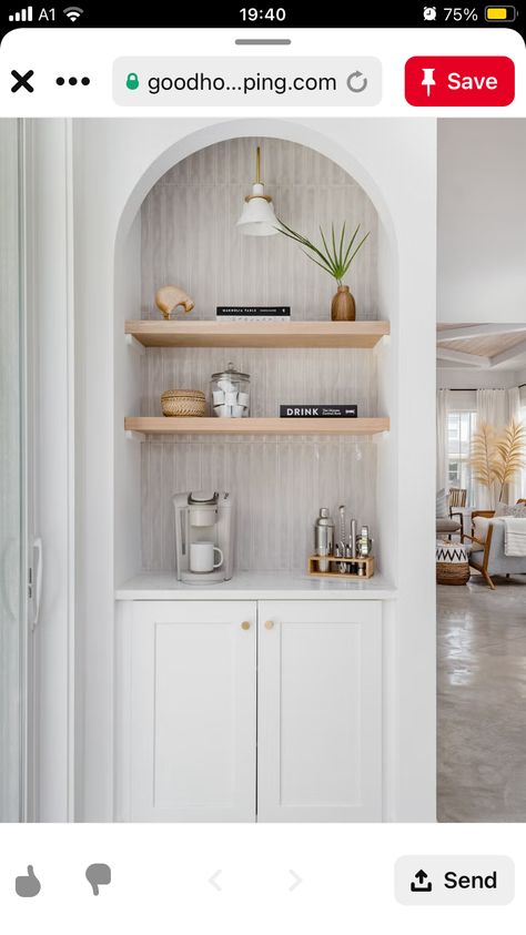 Coffee Bar With Drawers, Coffee Nook Corner, Pantry Closet Coffee Bar, Coffee Station With Shelves, Pantry To Coffee Bar, Kitchen Built In Coffee Bar, Small Kitchen Breakfast Bar Ideas, Small Butlers Pantry Ideas Nooks, Built In Coffee Bar Ideas