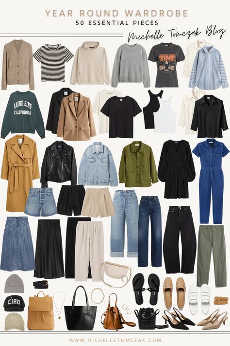 Year Round Wardrobe Essentials: 50 Versatile Closet Staples - Michelle Tomczak Year Round Wardrobe, Plus Size Capsule Wardrobe, Capsule Wardrobe Minimalist, Round Wardrobe, Mom Wardrobe, Wardrobe Sets, Capsule Wardrobe Essentials, Capsule Wardrobe Outfits, Fashion Capsule Wardrobe