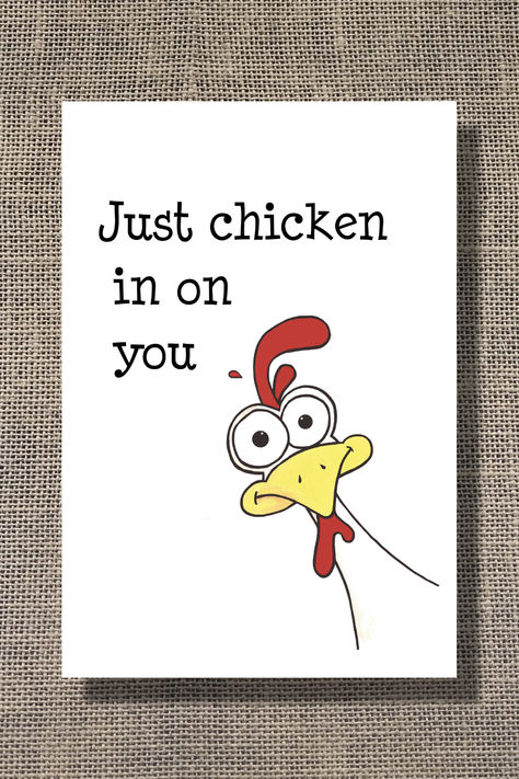 Just chicken in on you! Funny greeting card is great birthday, get well, encouragement, friendship, or anytime card. Personalize it with your own custom message printed inside! High quality card is hand drawn and printed on heavy weight card stock; both card and envelope are eco-friendly recycled paper. Visit my Etsy shop for more great cards! Funny Encouragement, Anniversary Message, Funny Postcards, Eid Al-adha, Pun Card, Funny Greetings, Chicken Humor, Bath Ideas, Funny Greeting Cards