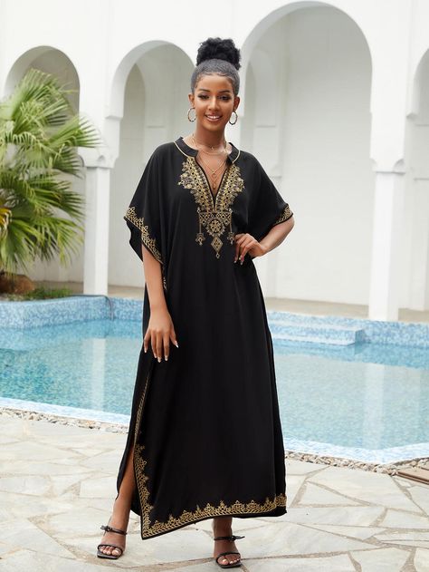 Black Embroidery Batwing Sleeve House Kaftan DressI discovered amazing products on SHEIN.com, come check them out! Plus Size Kaftan, Boss Style, Dance Ideas, Group Project, Elegant Embroidery, Grey Maxi Dress, Ethnic Print, Dress Beach, Women's Cover Up