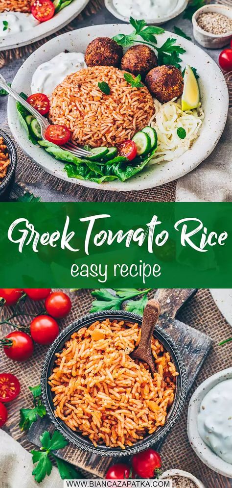 This Greek Tomato Rice recipe is a delicious, restaurant-quality Mediterranean dish that's quick and easy to make using healthy ingredients! #rice #greek #tomato #food #recipe #easyrecipes #greekrecipes #veganrecipes #vegetarian #recipes #vegan #healthyrecipes | biancazapatka.com Tomato Rice Recipe, Tomato Food, Vegan Tzatziki, Vegan Feta Cheese, Tomato Rice, Gluten Free Sides Dishes, Gluten Free Recipes For Dinner, Vegan Gluten Free Recipes, Healthy Ingredients