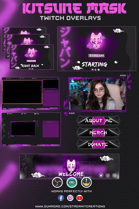 Kitsune Mask stream overlay pack to brand your stream! This overlay pack combines retro graphics with high quality animations and a cute vibrant color palette to please all pixel art lovers. This package contains all overlays you need to upgrade your Twitch channel: Animated Alerts, Screens, Webcam Overlays, Stinger Transitions, Panels & more! Purple Kitsune, Japanese Graphics, Twitch Graphics, Twitch Streaming Setup, Twitch Streaming, Kitsune Mask, Streaming Setup, Fox Spirit, Stream Overlay